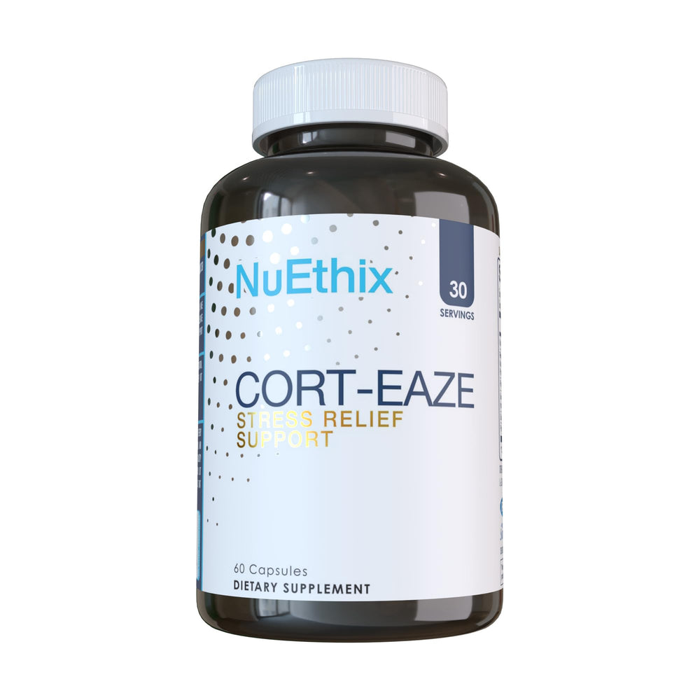 NuEthix Cort-Eaze bottle on desk suggesting cortisol balance support