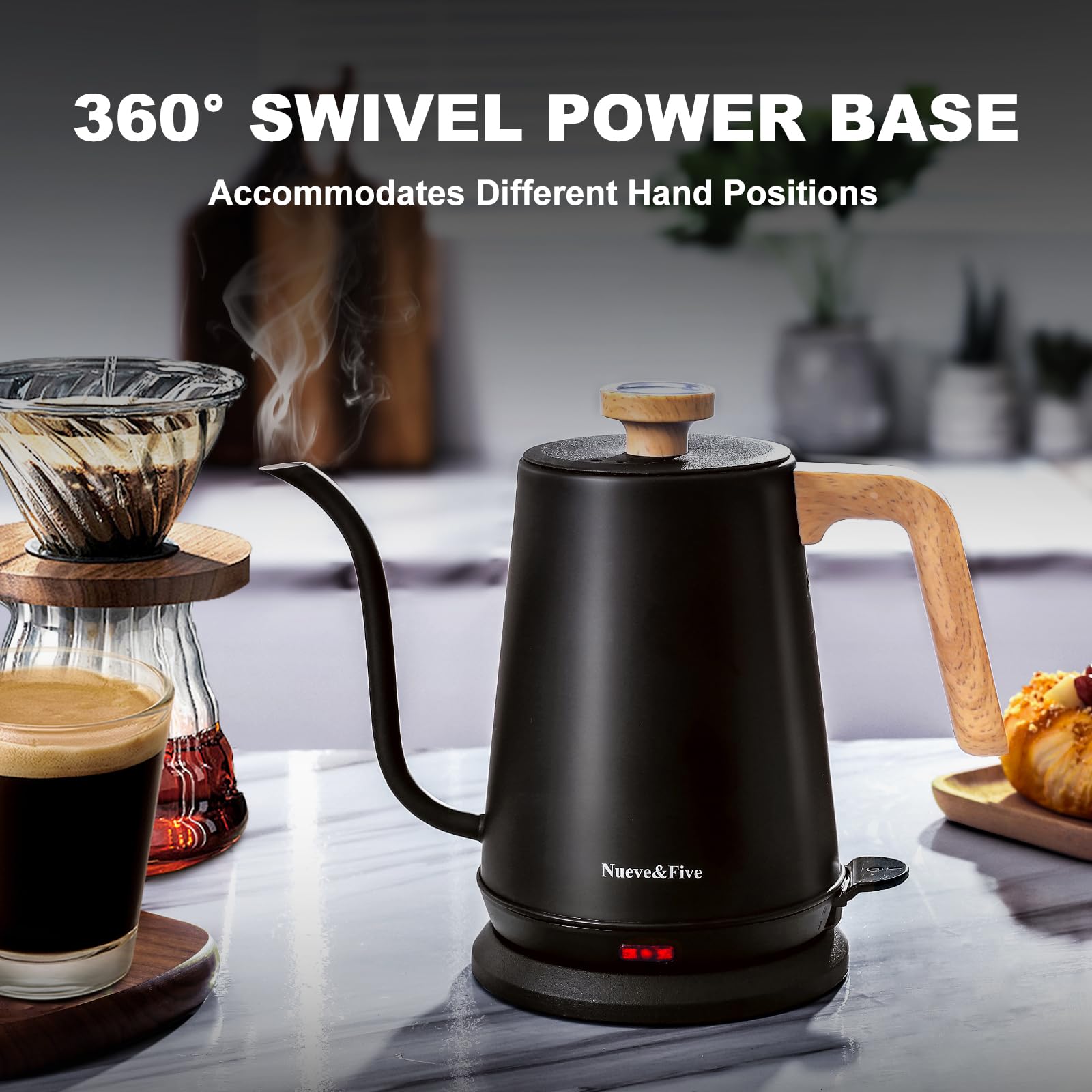 Nueve&Five gooseneck kettle black finish with modern kitchen appeal