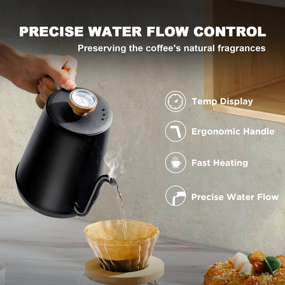 Nueve&Five gooseneck kettle showing precise pour for consistent extraction
