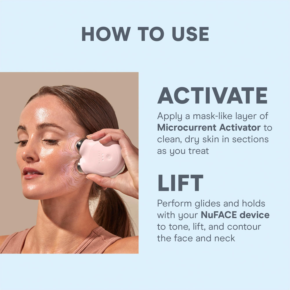 NuFACE Aqua Gel Activator applied along cheeks and forehead for smoothing conductivity