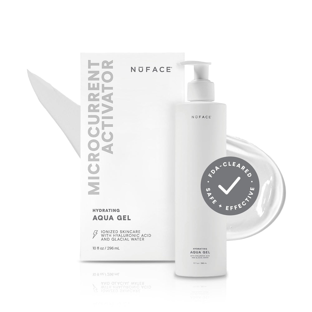 NuFACE Aqua Gel Activator bottle showing hydrating microcurrent gel for at home sessions
