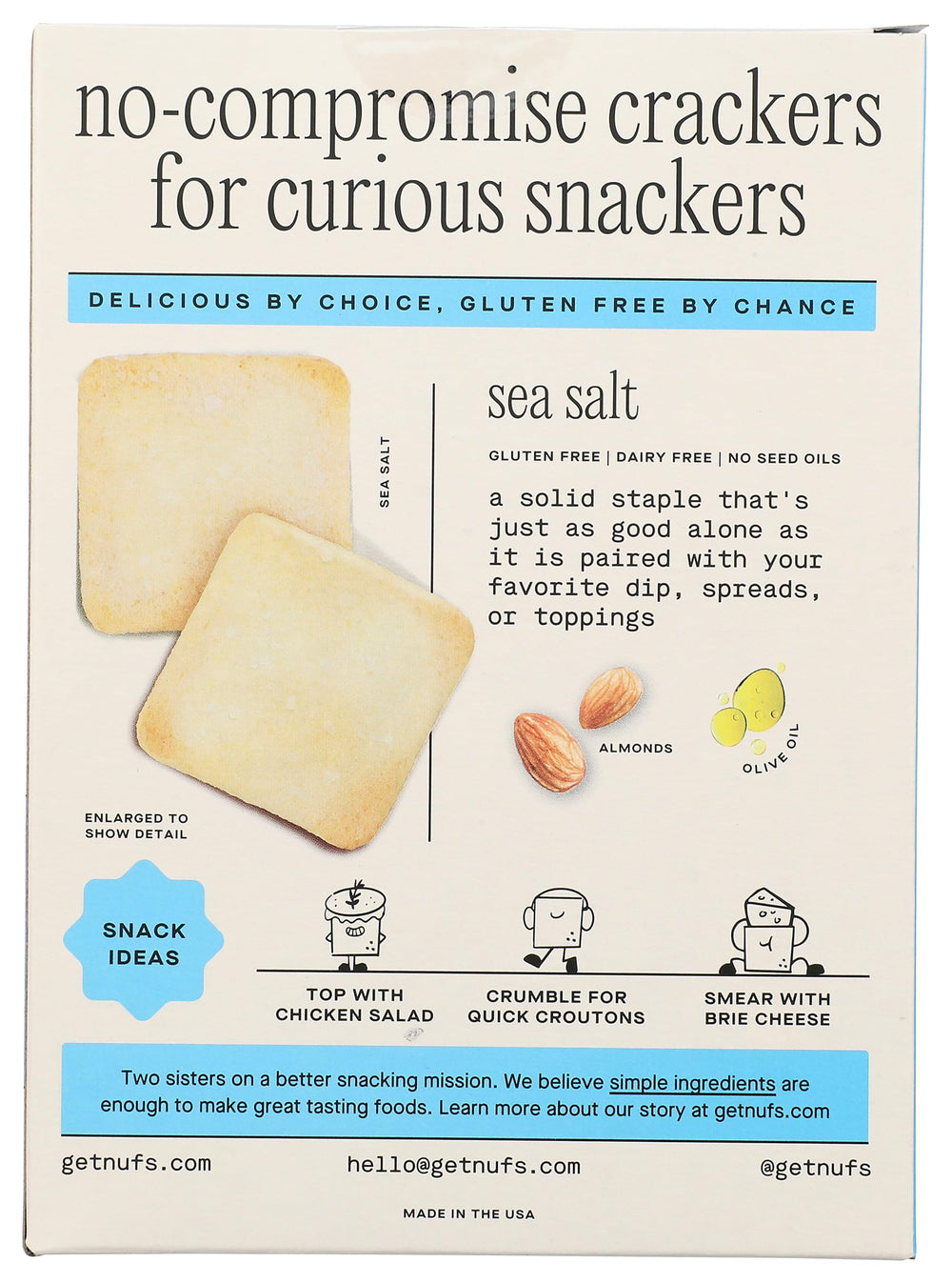 Nufs crackers close-up shows light, crispy texture and salt crystals