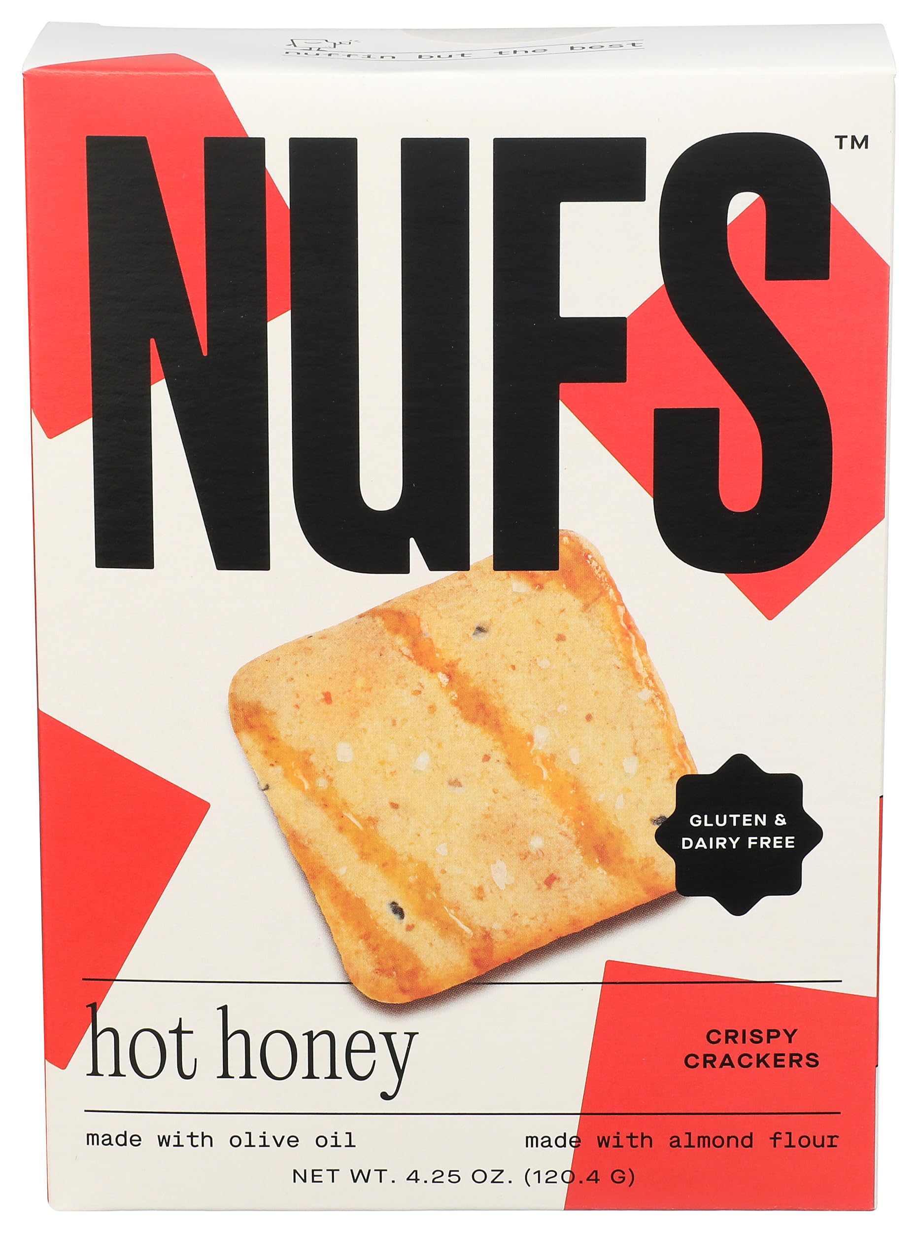 Nufs Hot Honey Crispy Crackers packaging showcases bold branding and snack-ready appeal.