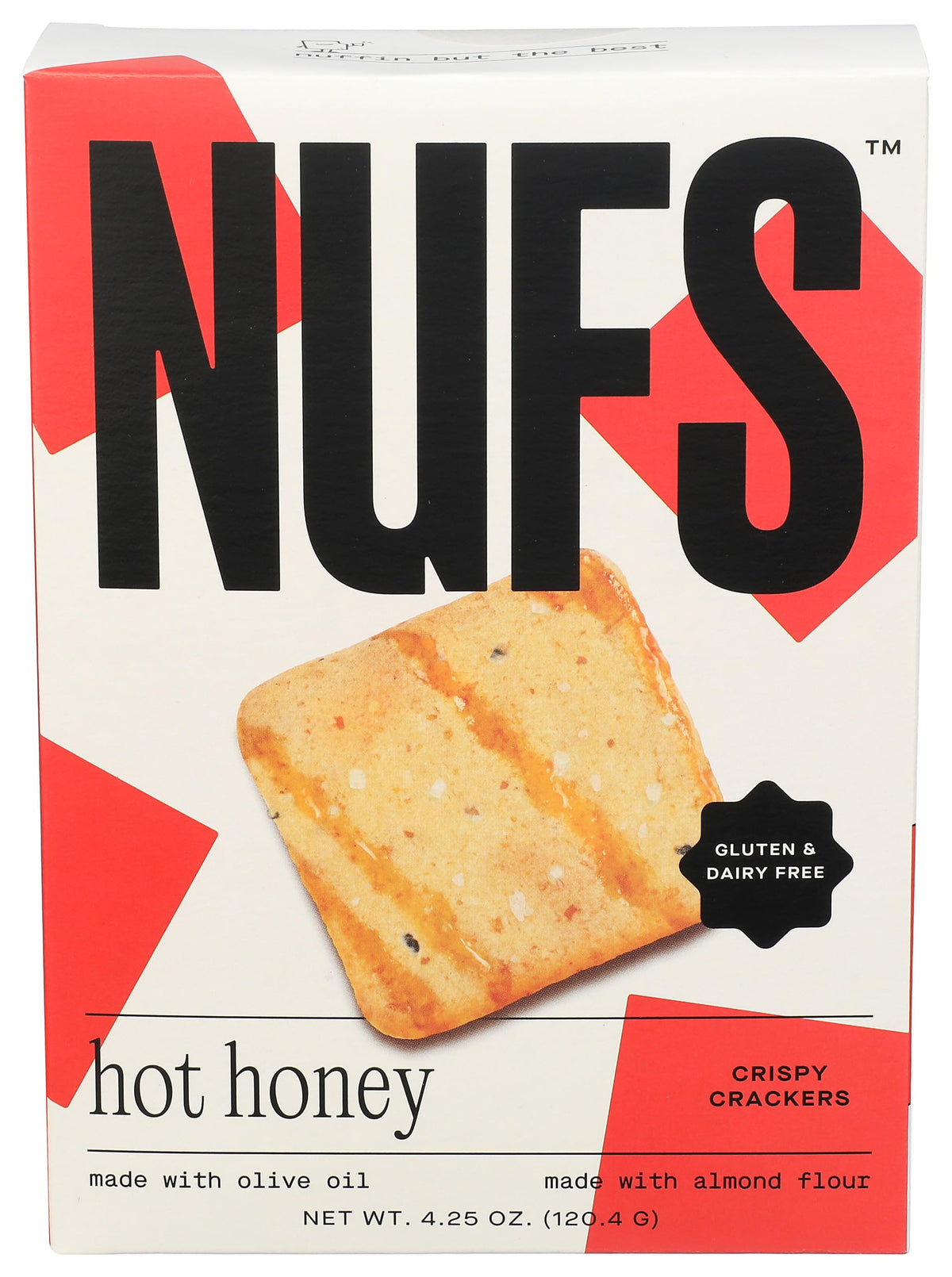 Nufs Hot Honey Crispy Crackers packaging showcases bold branding and snack-ready appeal.