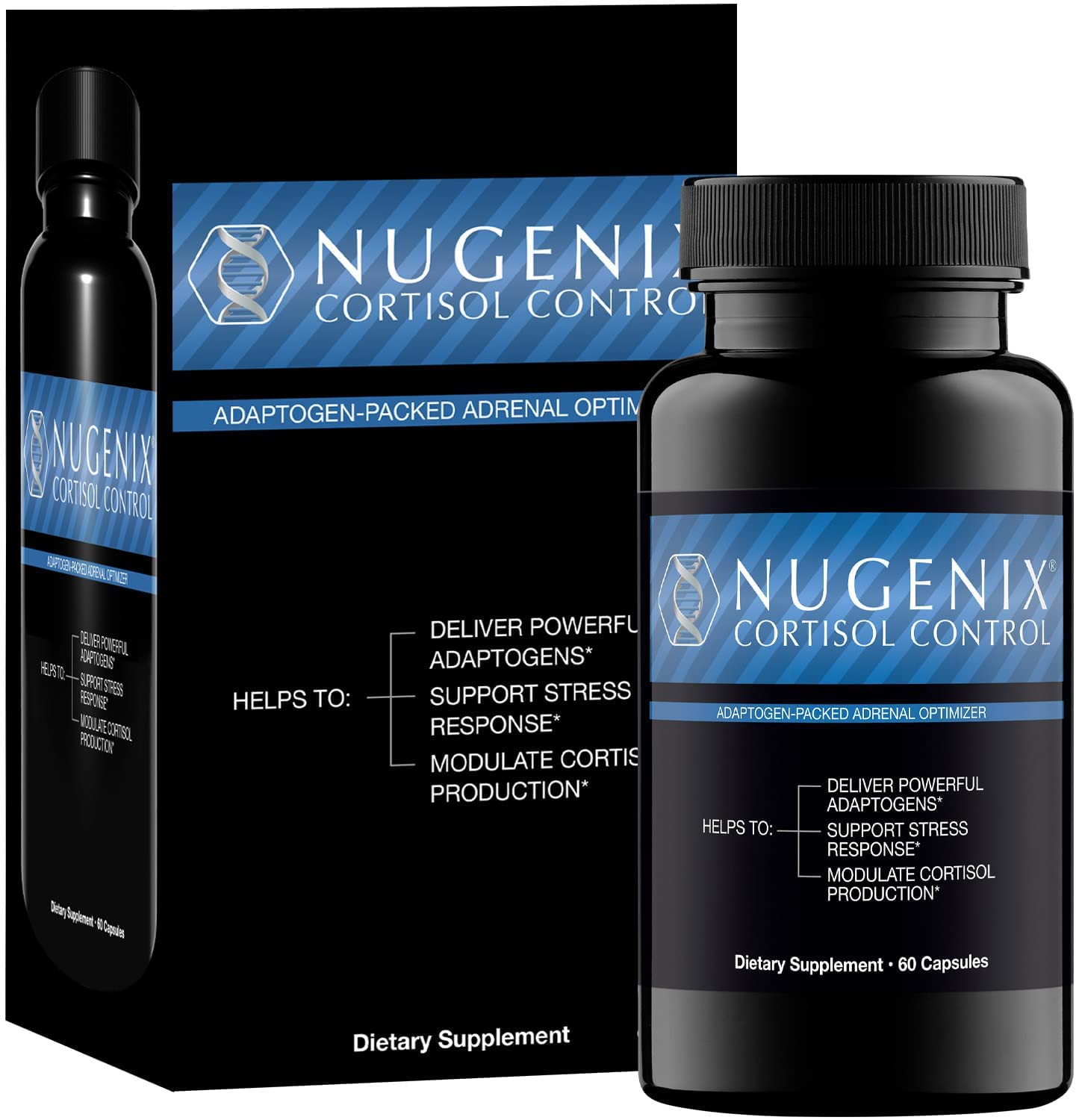 Nugenix Cortisol Control bottle-label front highlighting key ingredients and benefits.