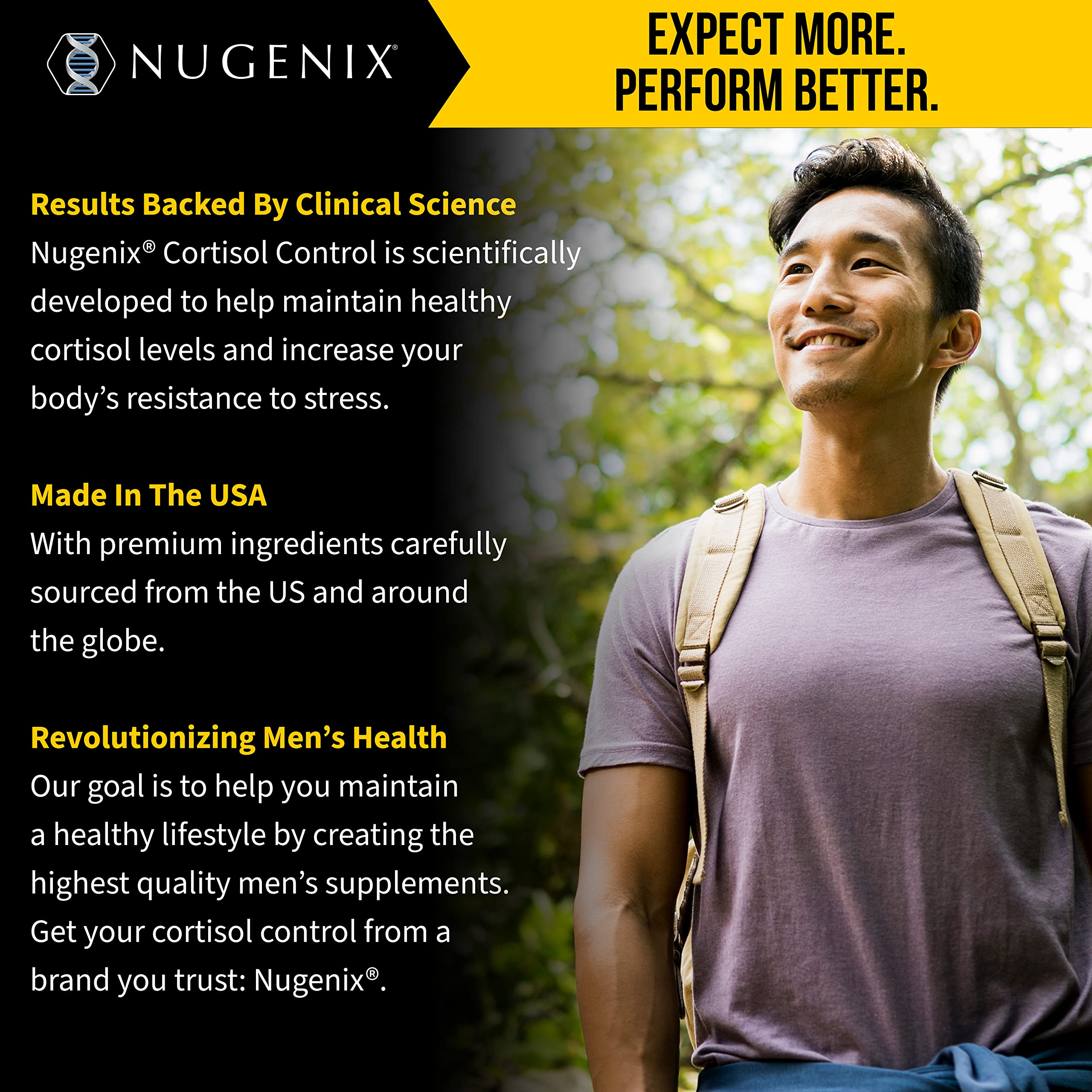 Nugenix Cortisol Control packaging emphasizes a gluten-free and GMO-free formula.