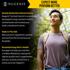 Nugenix Cortisol Control packaging emphasizes a gluten-free and GMO-free formula.