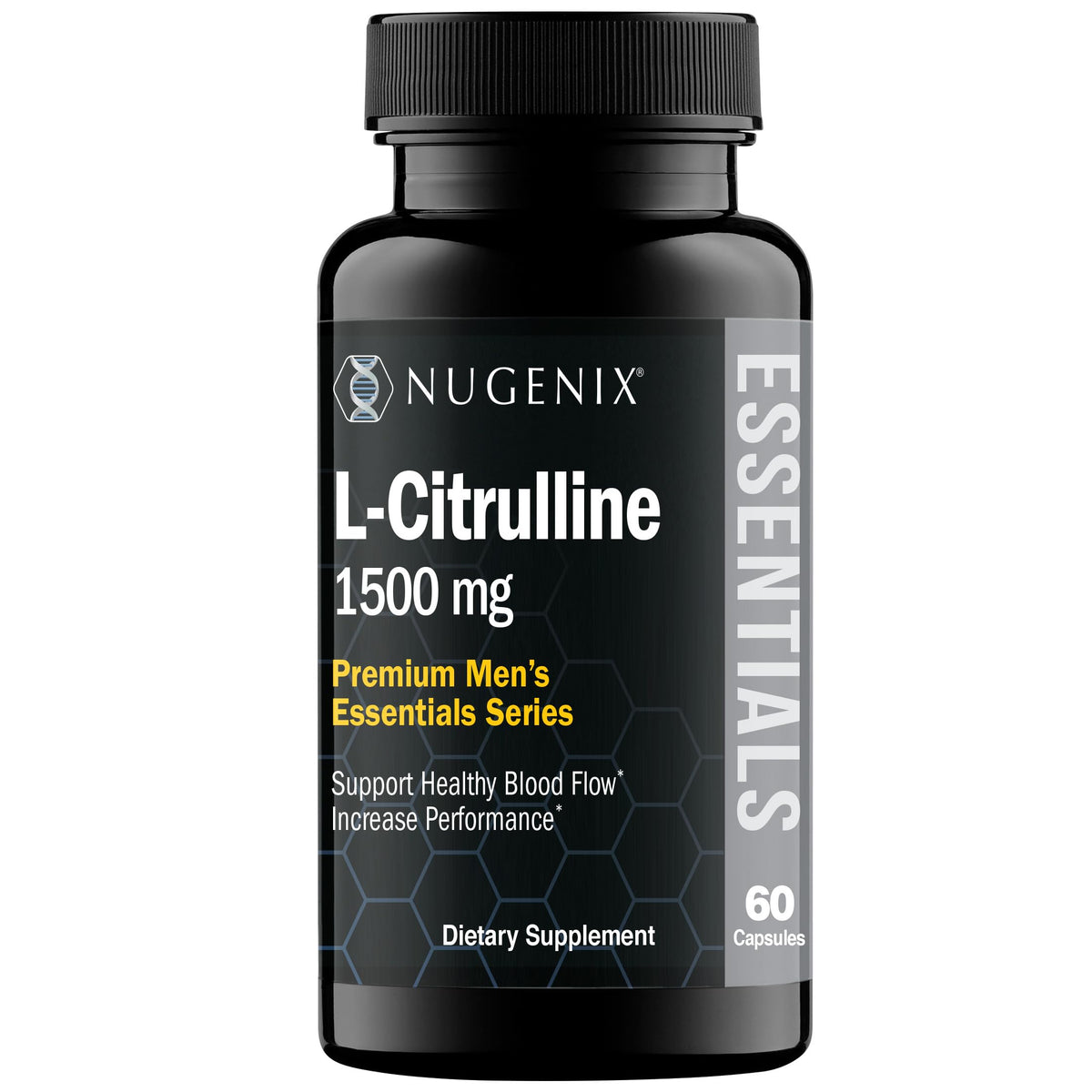 Nugenix Essentials L-Citrulline bottle and capsules showing the 1,500 mg per capsule dose for workouts.