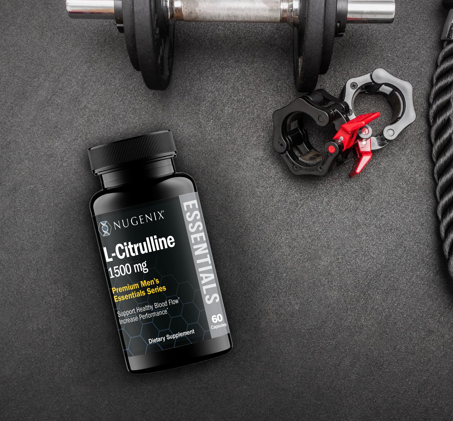 Pouring Nugenix Essentials L-Citrulline capsules to illustrate easy daily dosing.