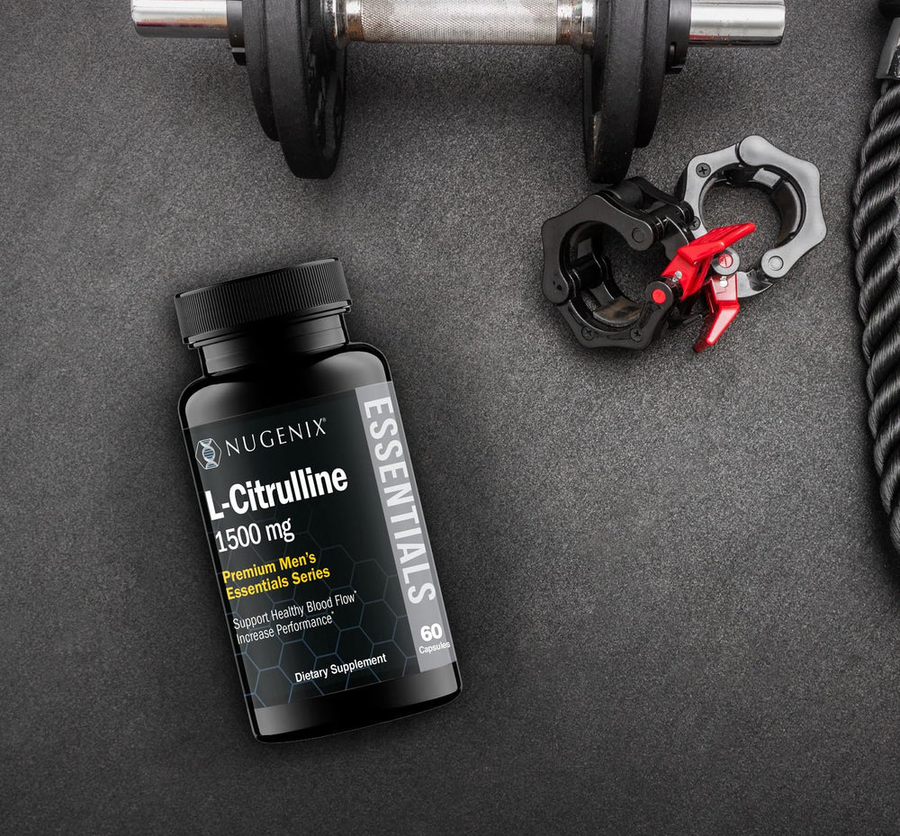 Pouring Nugenix Essentials L-Citrulline capsules to illustrate easy daily dosing.