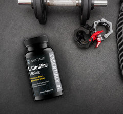 Pouring Nugenix Essentials L-Citrulline capsules to illustrate easy daily dosing.