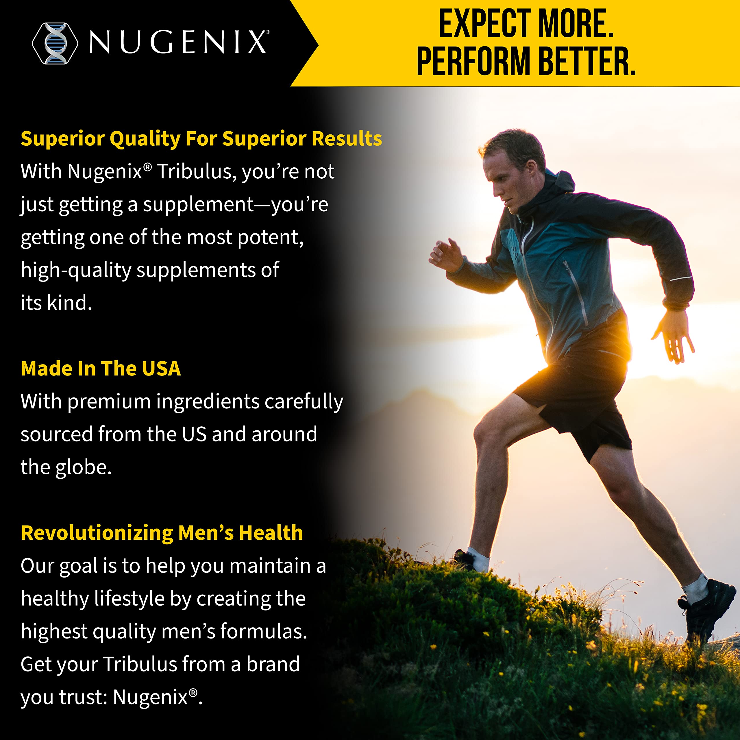 Nugenix Essentials Tribulus packaging display emphasizing quality and transparency.