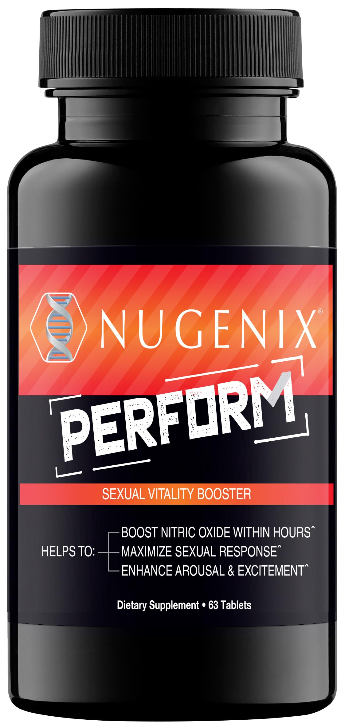 Nugenix Perform bottle close-up highlighting vitality ingredients for men.