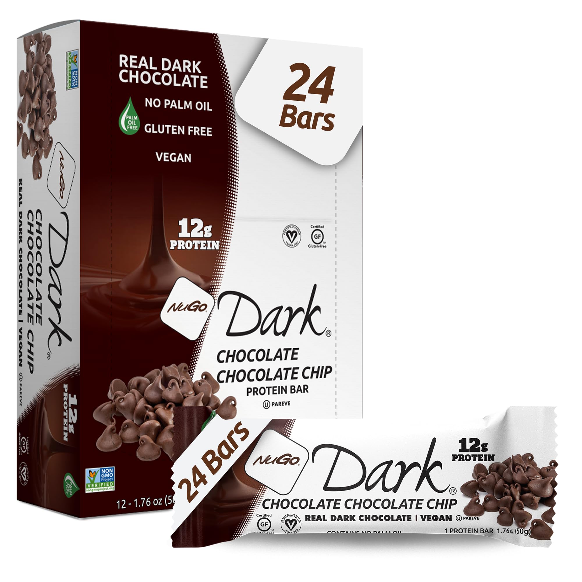 NuGo Dark Chocolate Chip bar packaging front highlighting vegan and gluten-free features.