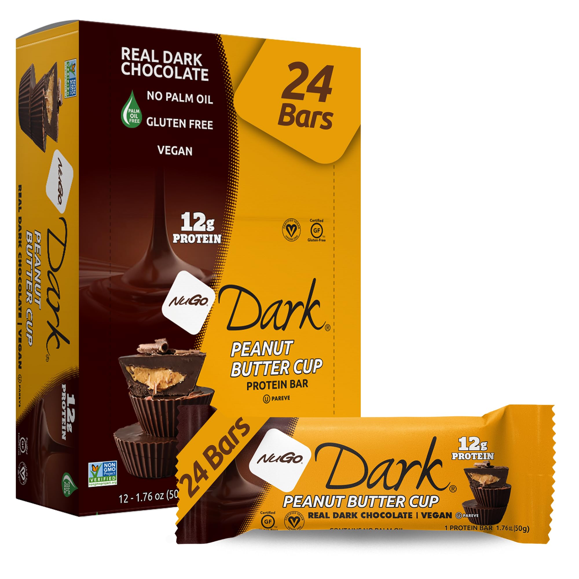 NuGo Dark Chocolate Peanut Butter Cup bar with real dark chocolate coating