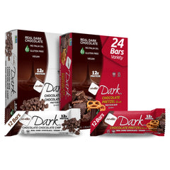 NuGo Dark Chocolate Pretzel bar wrapped, gluten-free vegan snack with 12g protein.