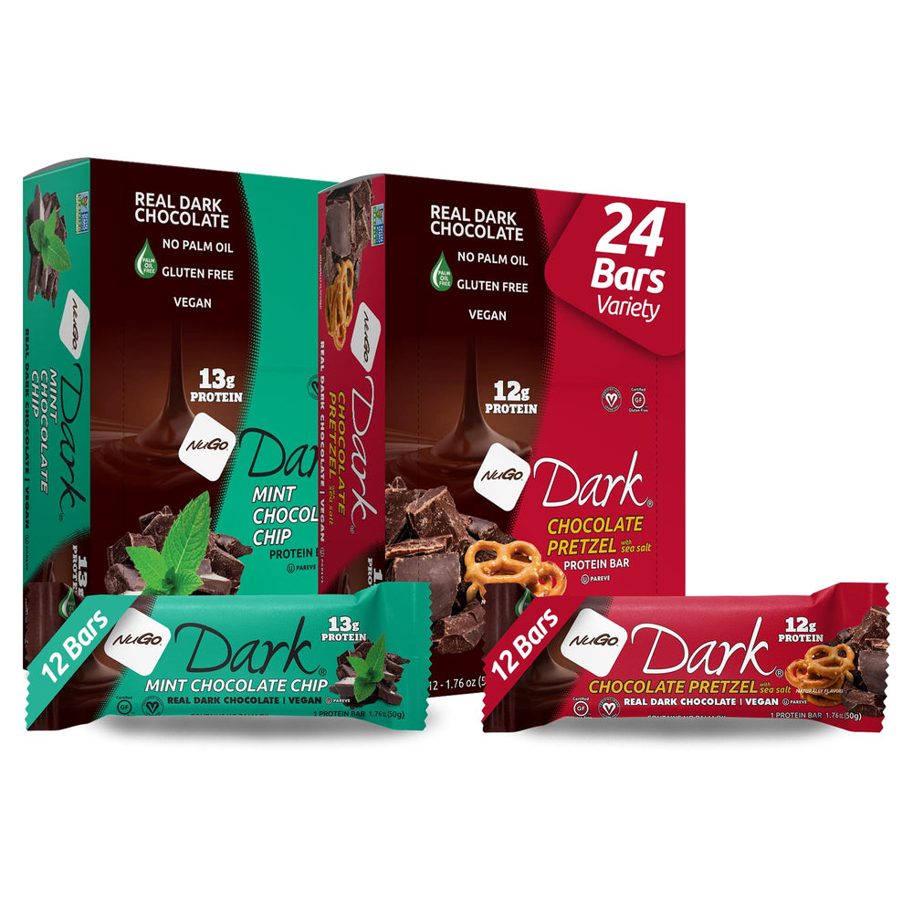 NuGo Dark Chocolate Pretzel Bar close-up, protein-rich gluten-free snack