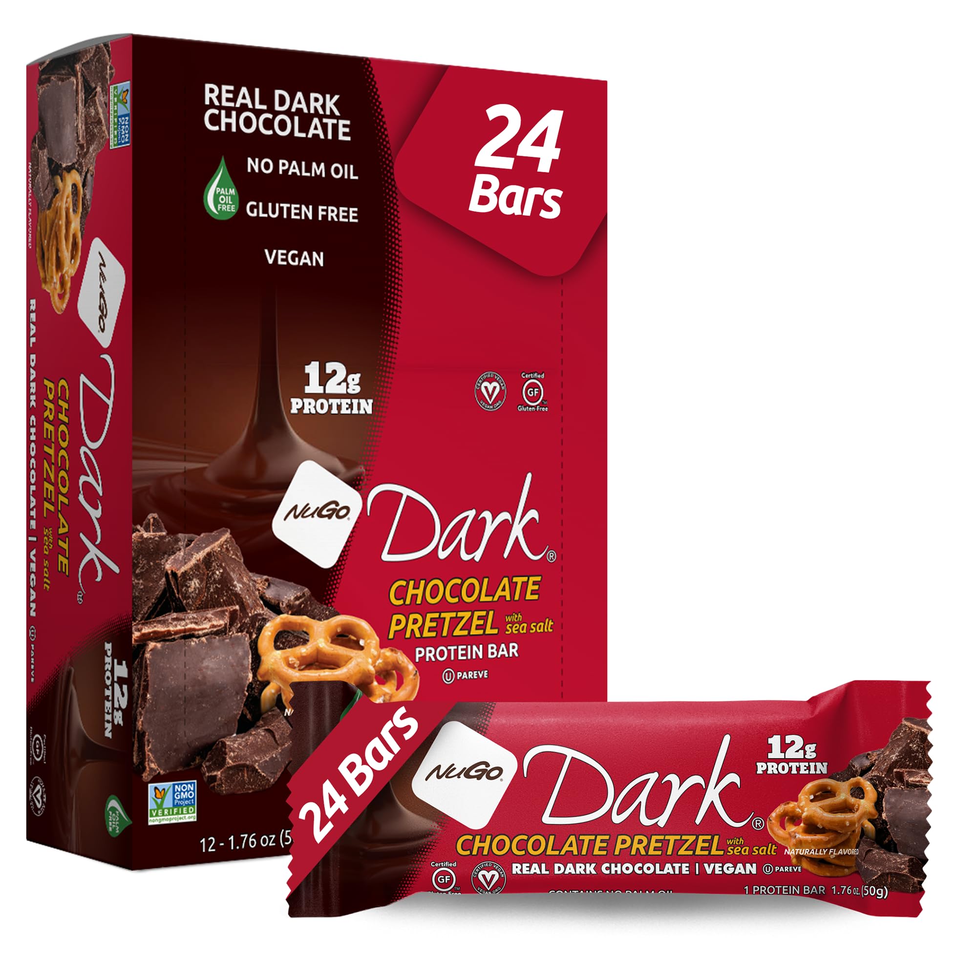 NuGo Dark Chocolate Pretzel with Sea Salt bar in packaging, indulgent flavor and protein