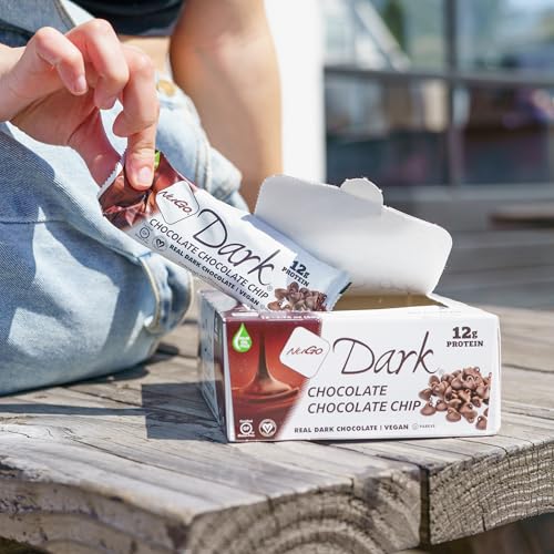 Close-up of a NuGo Dark Mint Chocolate Chip bar bite