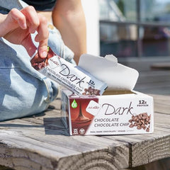 Close-up of a NuGo Dark Mint Chocolate Chip bar bite