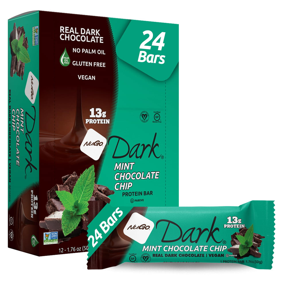 NuGo Dark Mint Chocolate Chip bar unwrapped with real dark chocolate coating