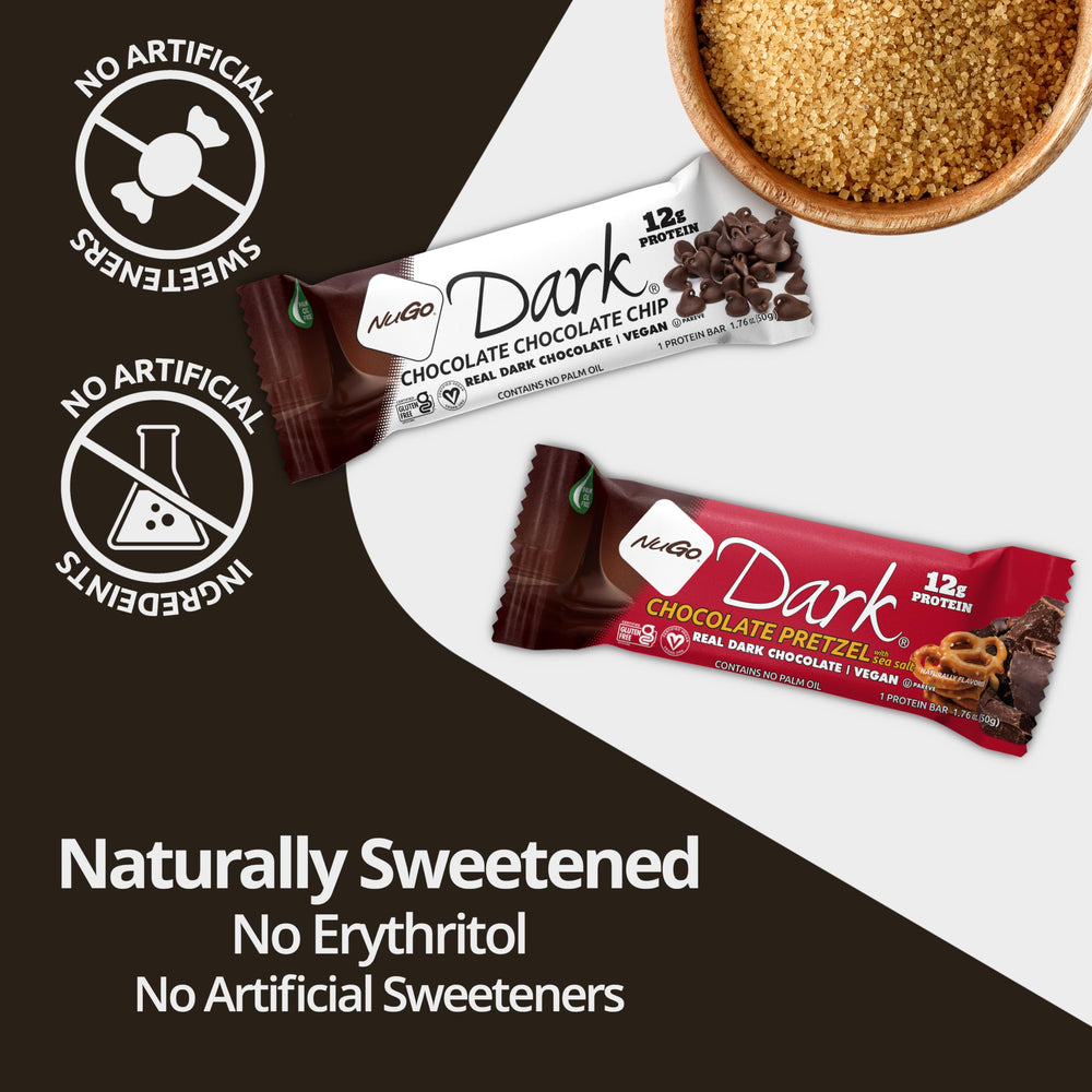 NuGo Dark vegan plant-based protein badge on pack appeals to mindful snacking.