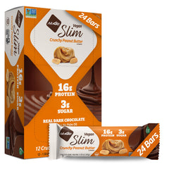 NuGo Slim bar wrap highlighting vegan protein and gluten-free label.