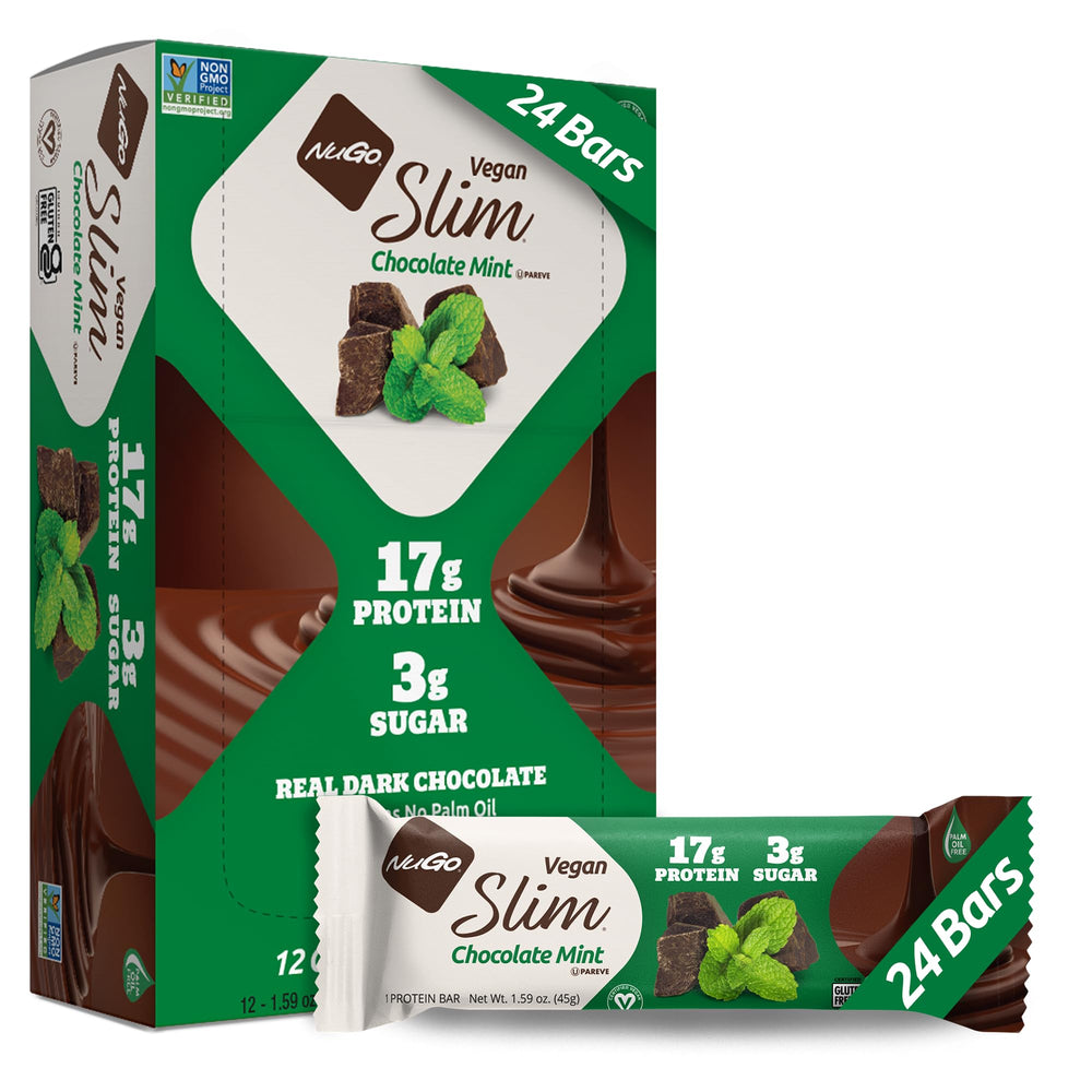 NuGo Slim Dark Chocolate Mint bar packaging highlights vegan, gluten-free protein in a convenient snack.