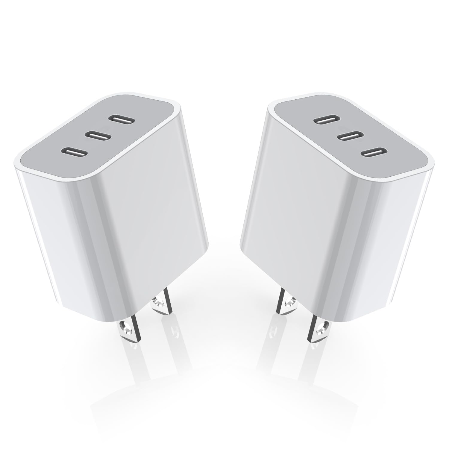 Nuinno two-pack iPhone charger block with three ports for fast charging on the go.