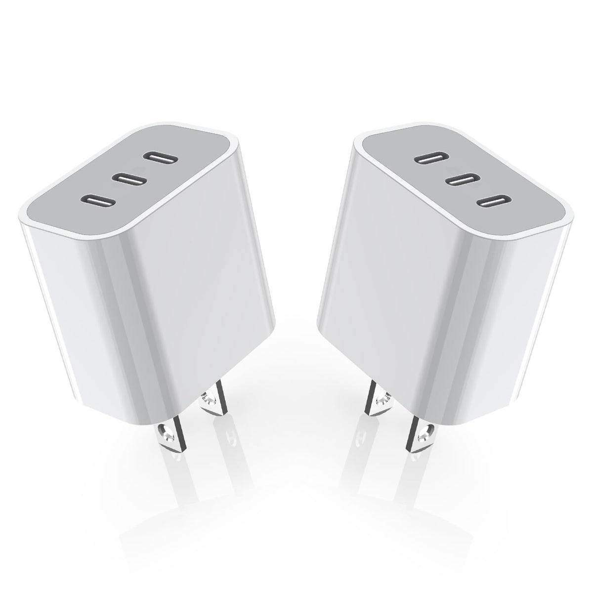 Nuinno two-pack iPhone charger block with three ports for fast charging on the go.
