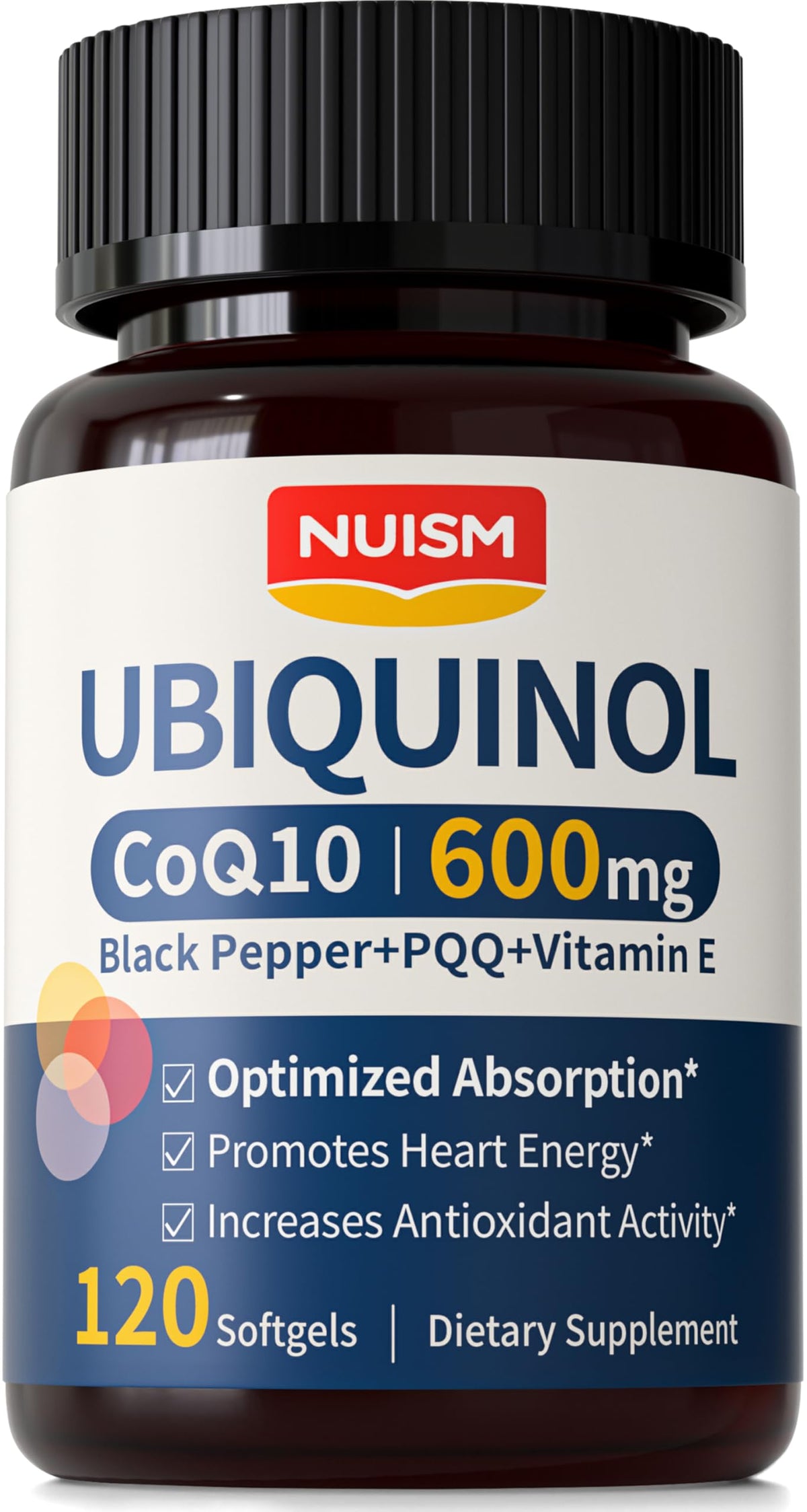 NUISM CoQ10 600mg softgels bottle on shelf for daily energy and heart health