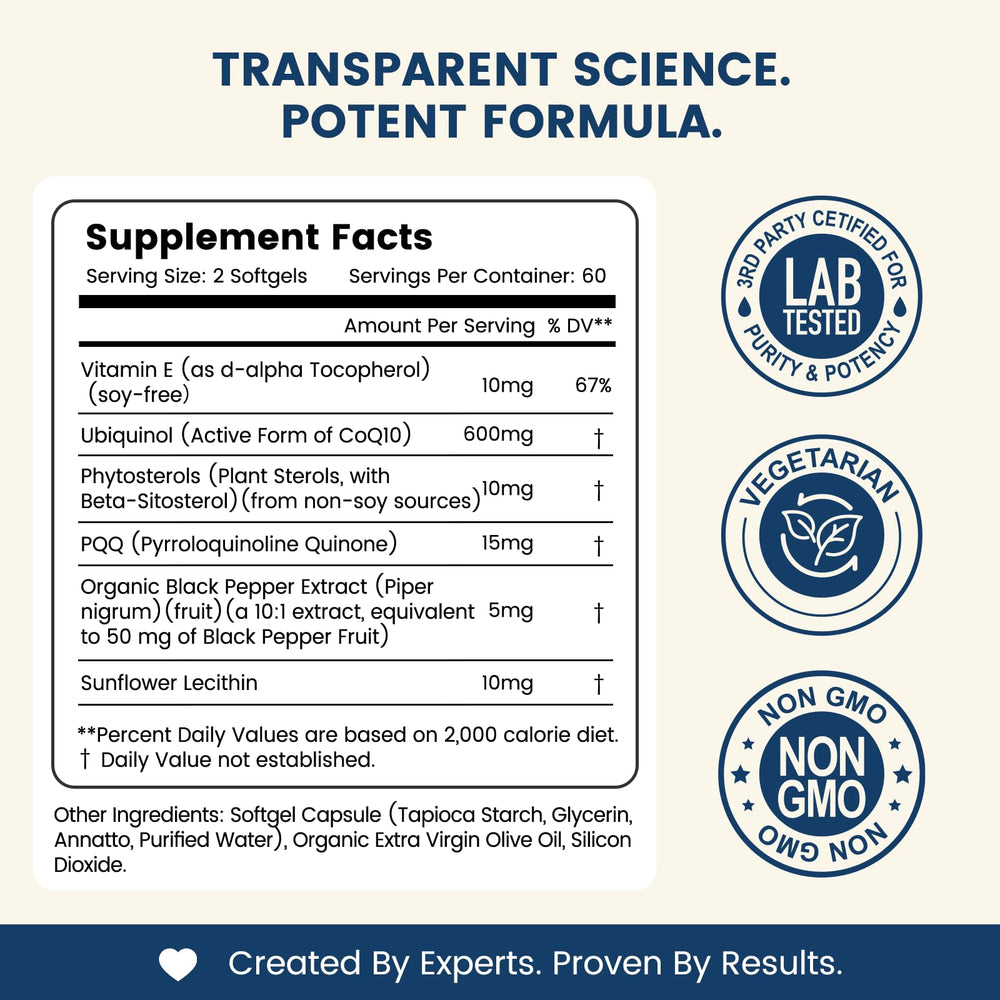 NUISM CoQ10 softgels close-up highlighting easy-to-swallow capsules