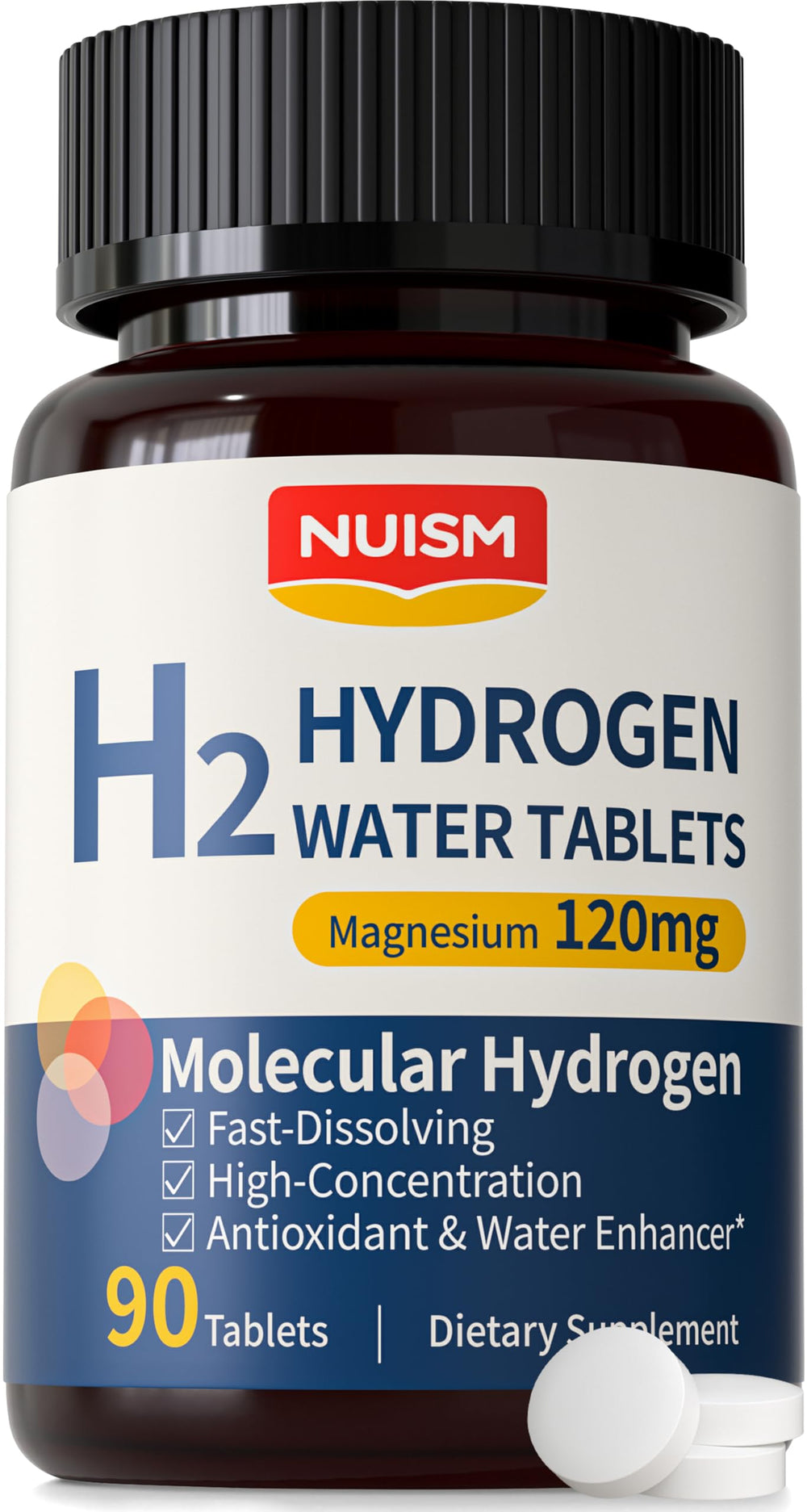 NUISM hydrogen tablets bottle close-up showing quick-dissolve formula for hydrogen water