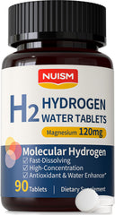 NUISM hydrogen tablets bottle close-up showing quick-dissolve formula for hydrogen water