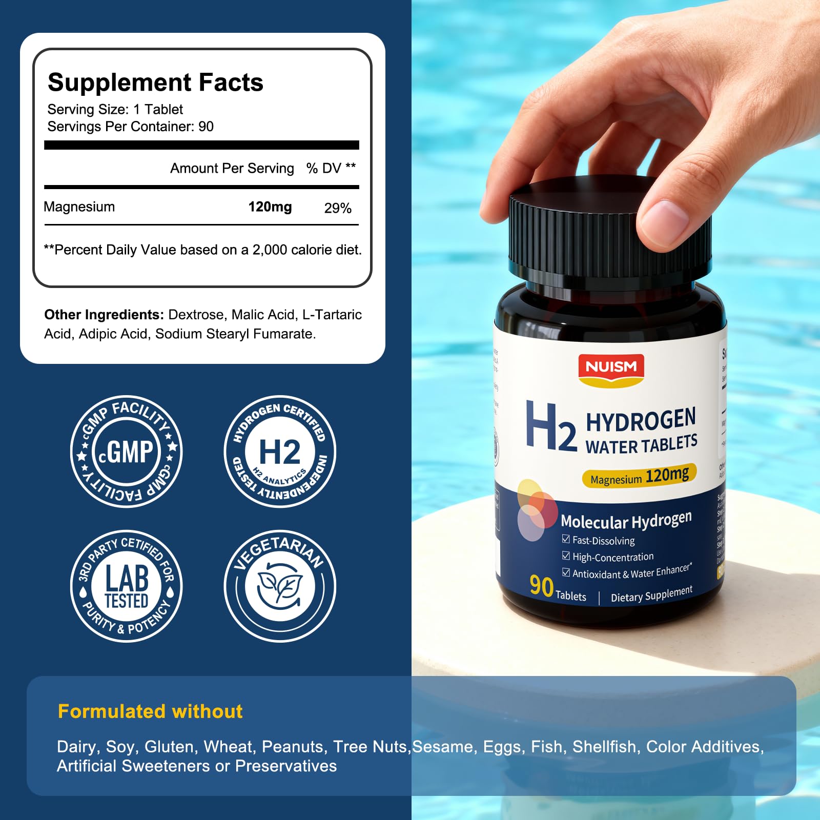 NUISM tablets dissolving in water for smooth hydrogen water
