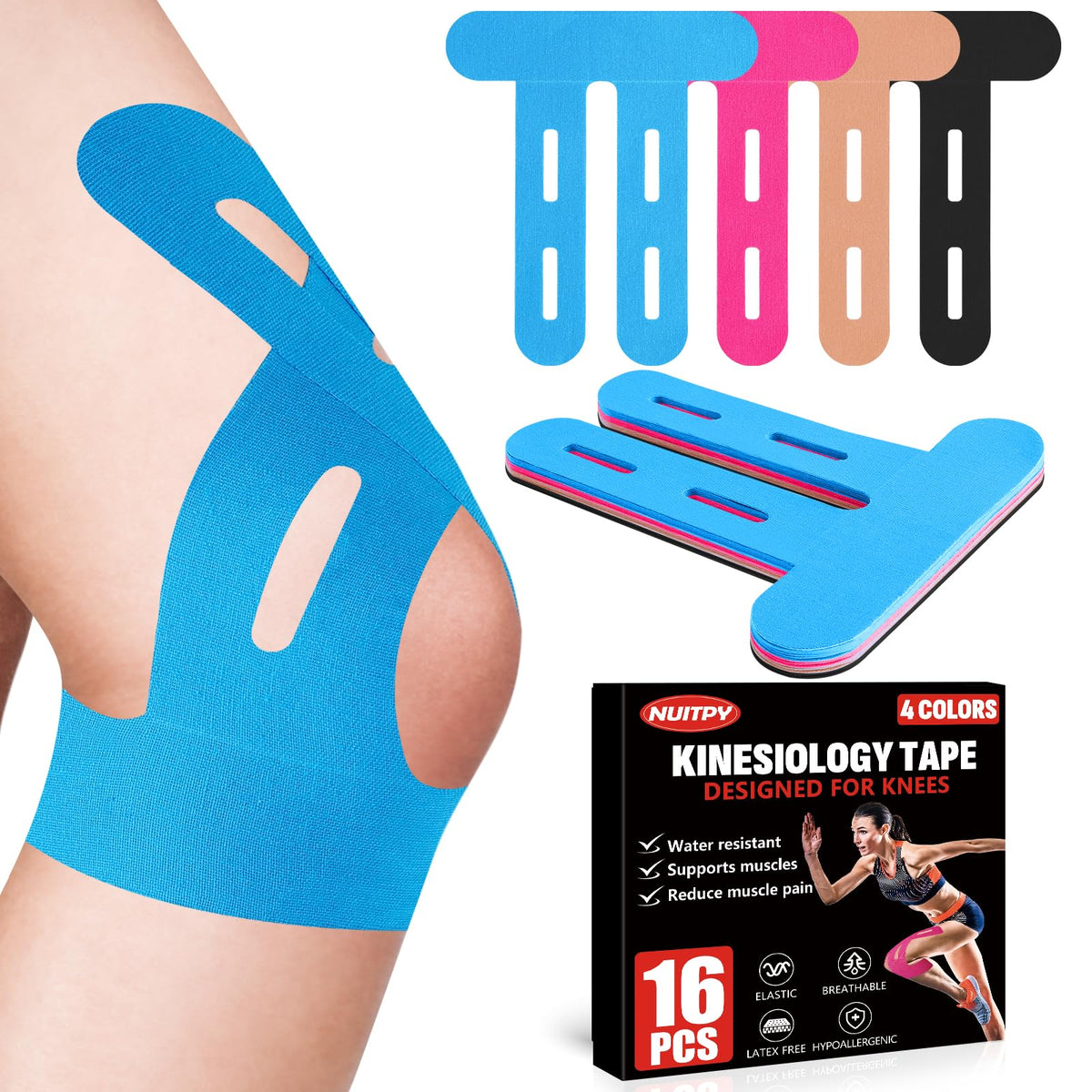 NUITPY 16-piece knee tape set for easy knee support during workouts