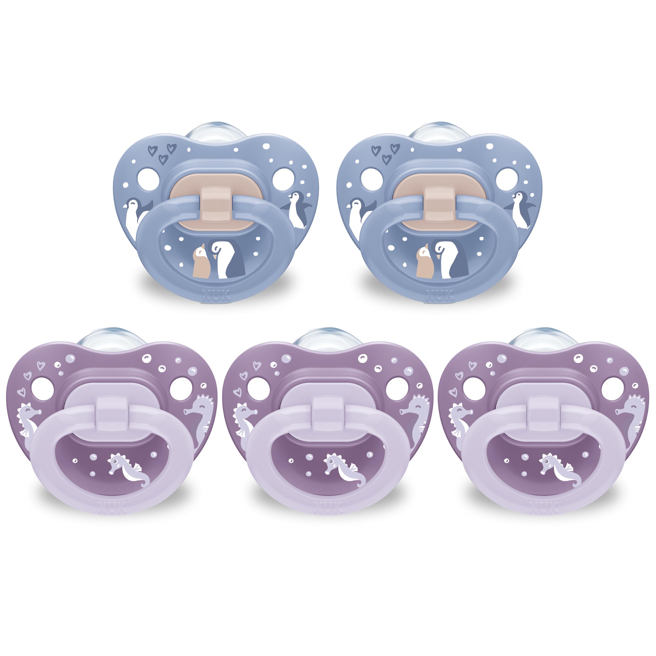 NUK First Choice classic orthodontic pacifier 6-18 months, purple and blue, five-pack for natural oral development