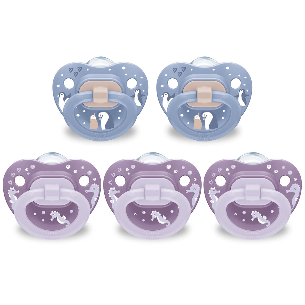 NUK First Choice classic orthodontic pacifier 6-18 months, purple and blue, five-pack for natural oral development