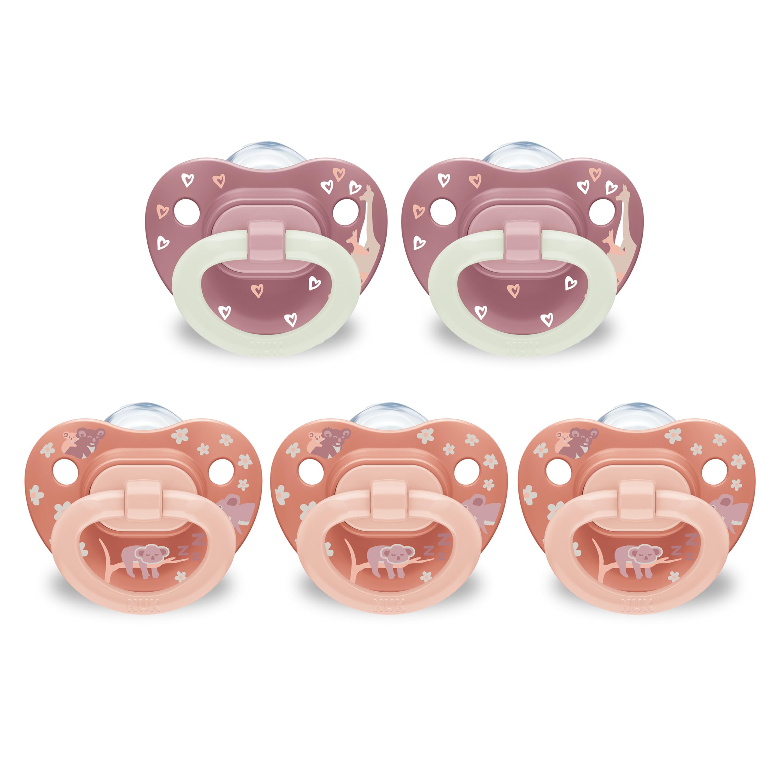 NUK First Choice Classic pacifier in orange and pink for 0-6 months supporting natural oral development.