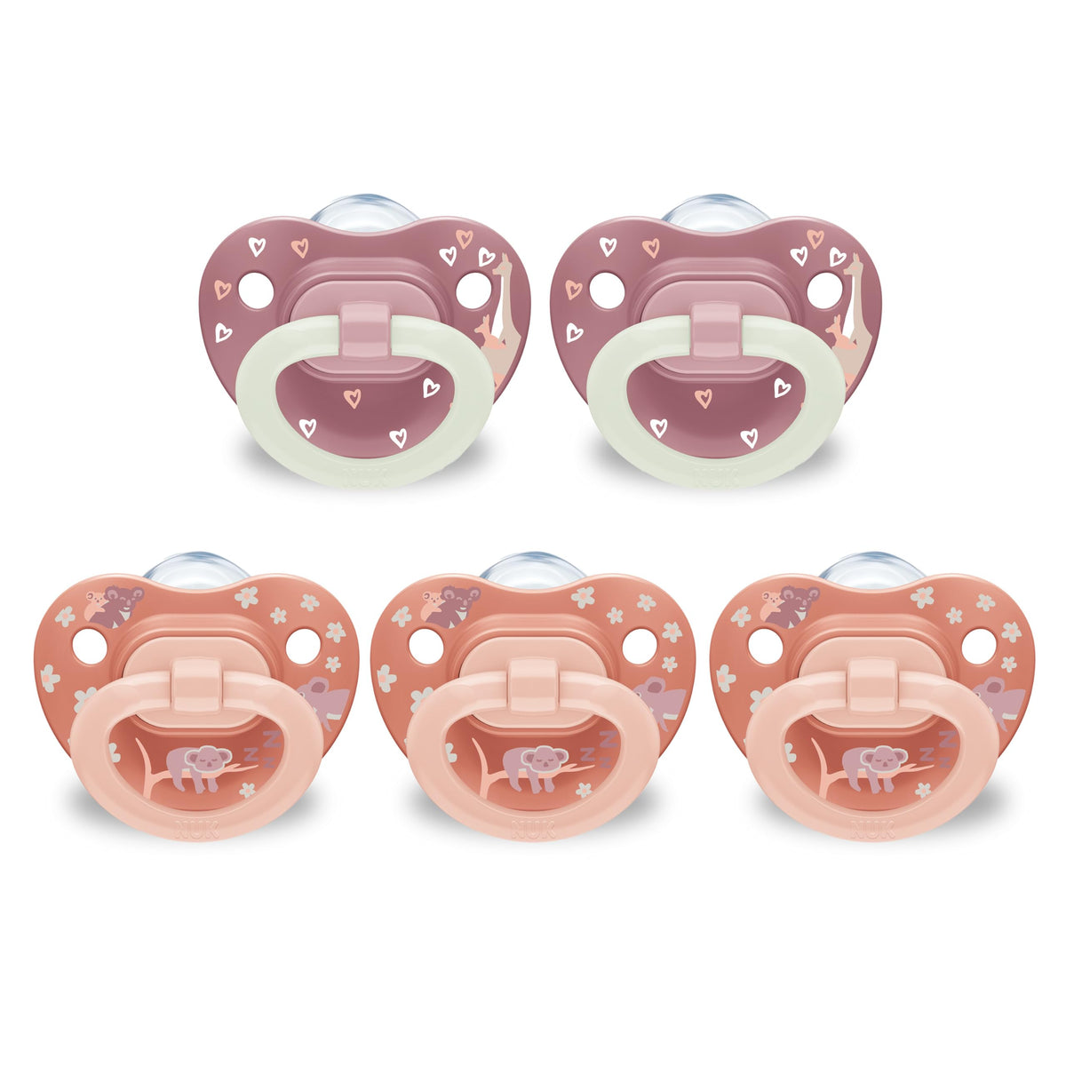 NUK First Choice Classic pacifier in orange and pink for 0-6 months supporting natural oral development.