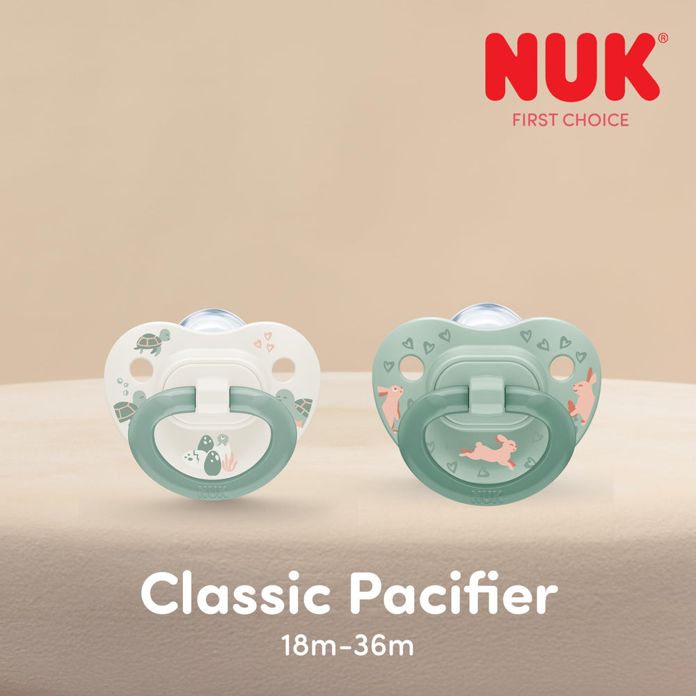 NUK First Choice Classic pacifier icon indicating dishwasher-safe top rack cleaning.