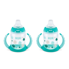 NUK Learner Cup clouds and stars front view with soft spout gentle on gums for early sips.