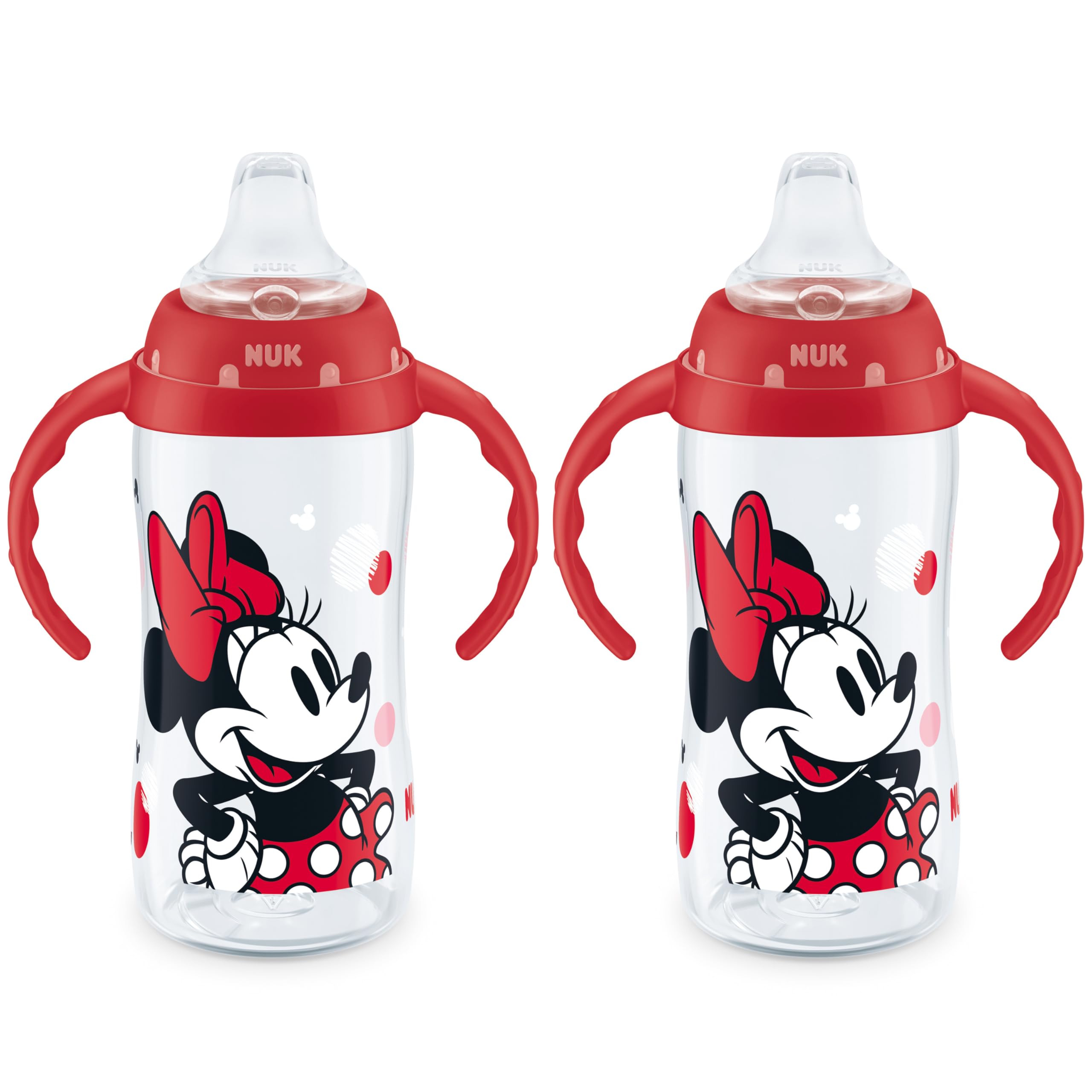 NUK Learner Cup Minnie Mouse soft spout for gentle sipping and a kid-friendly transition.