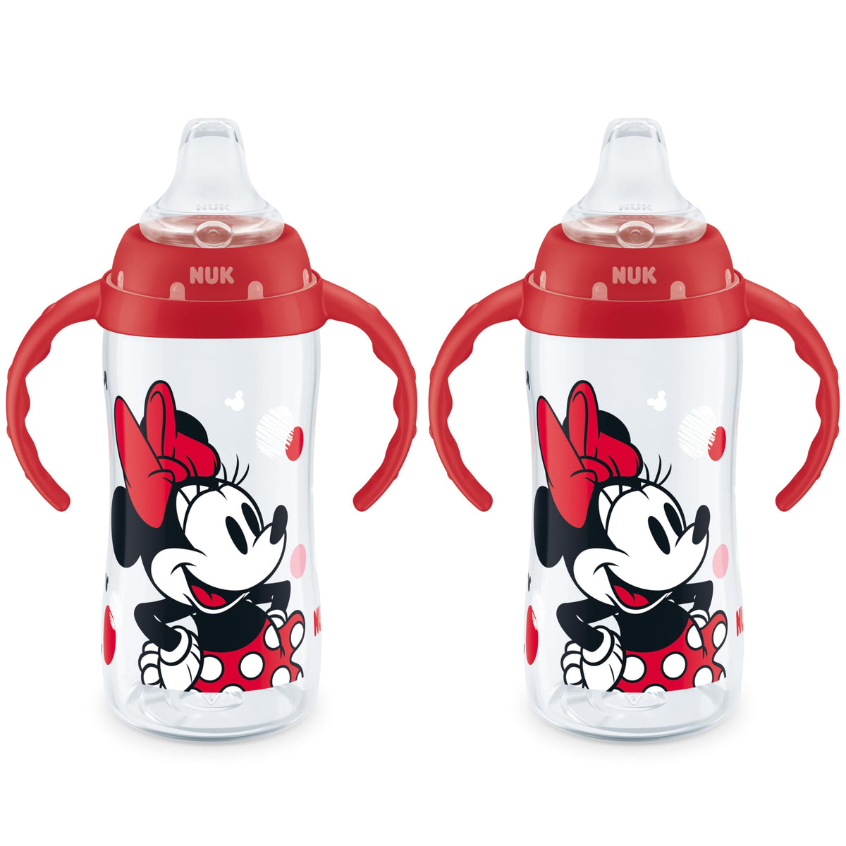 NUK Learner Cup Minnie Mouse soft spout for gentle sipping and a kid-friendly transition.