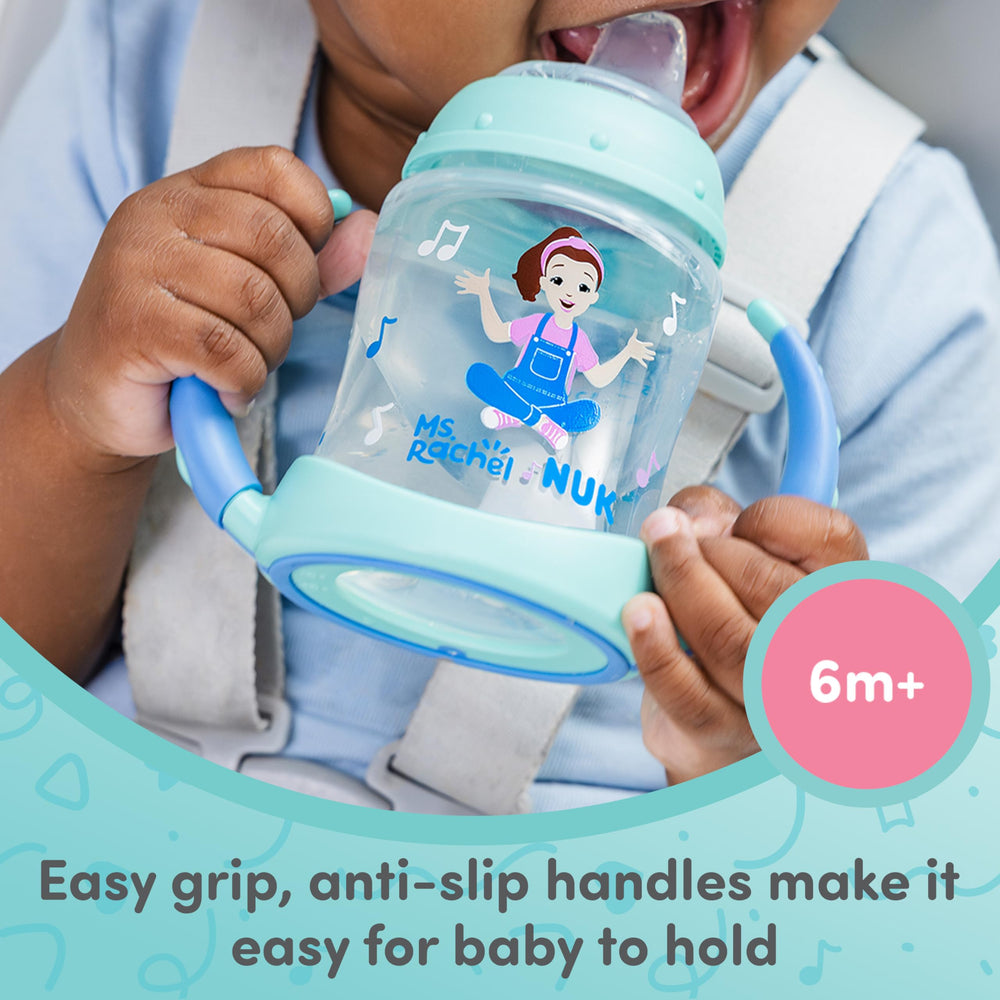 NUK Learner Cup spill-proof design minimizes mess during transitions