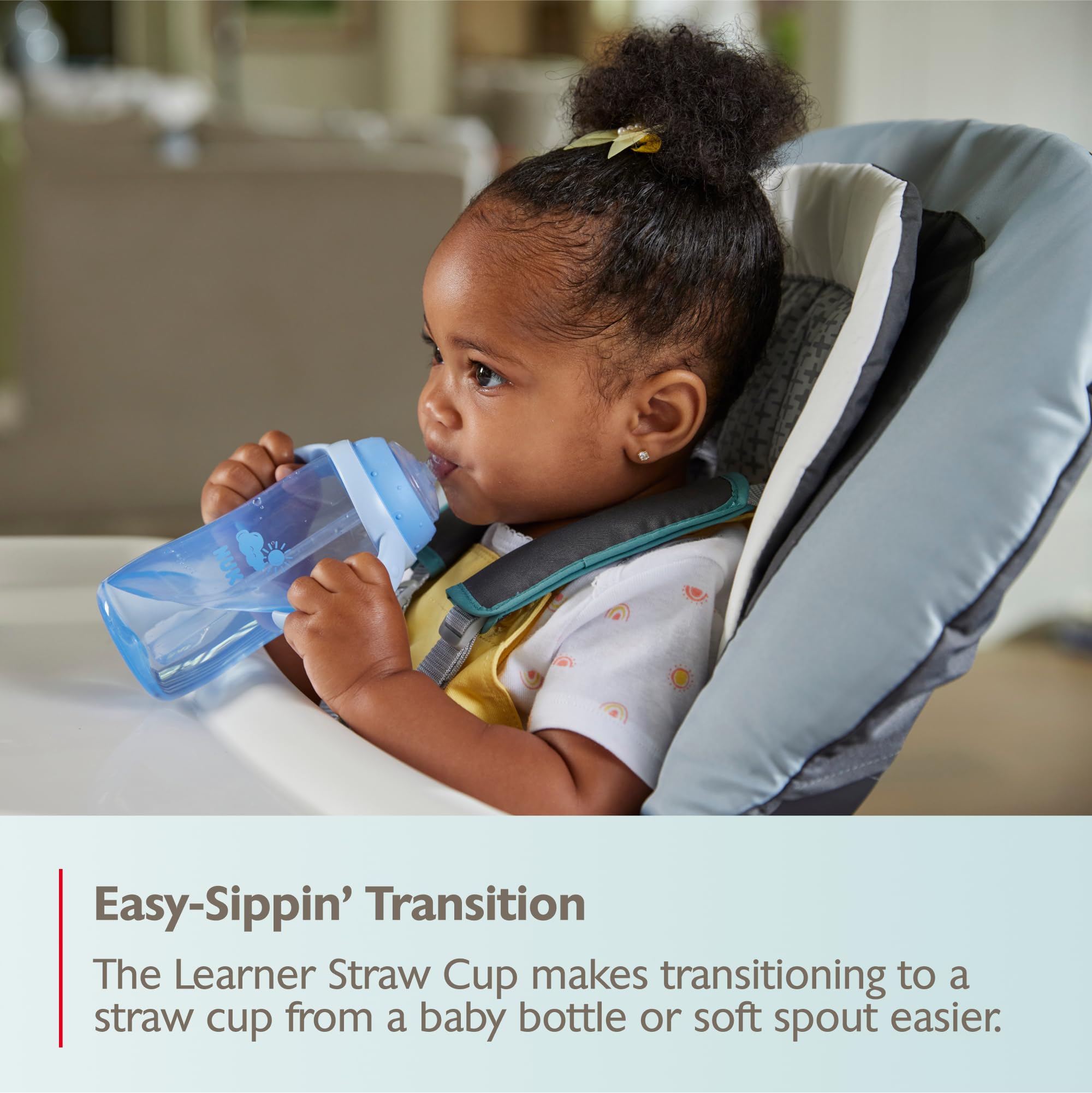 NUK Learner Straw Cup reduces spills with soft straw design for mess-free meals.