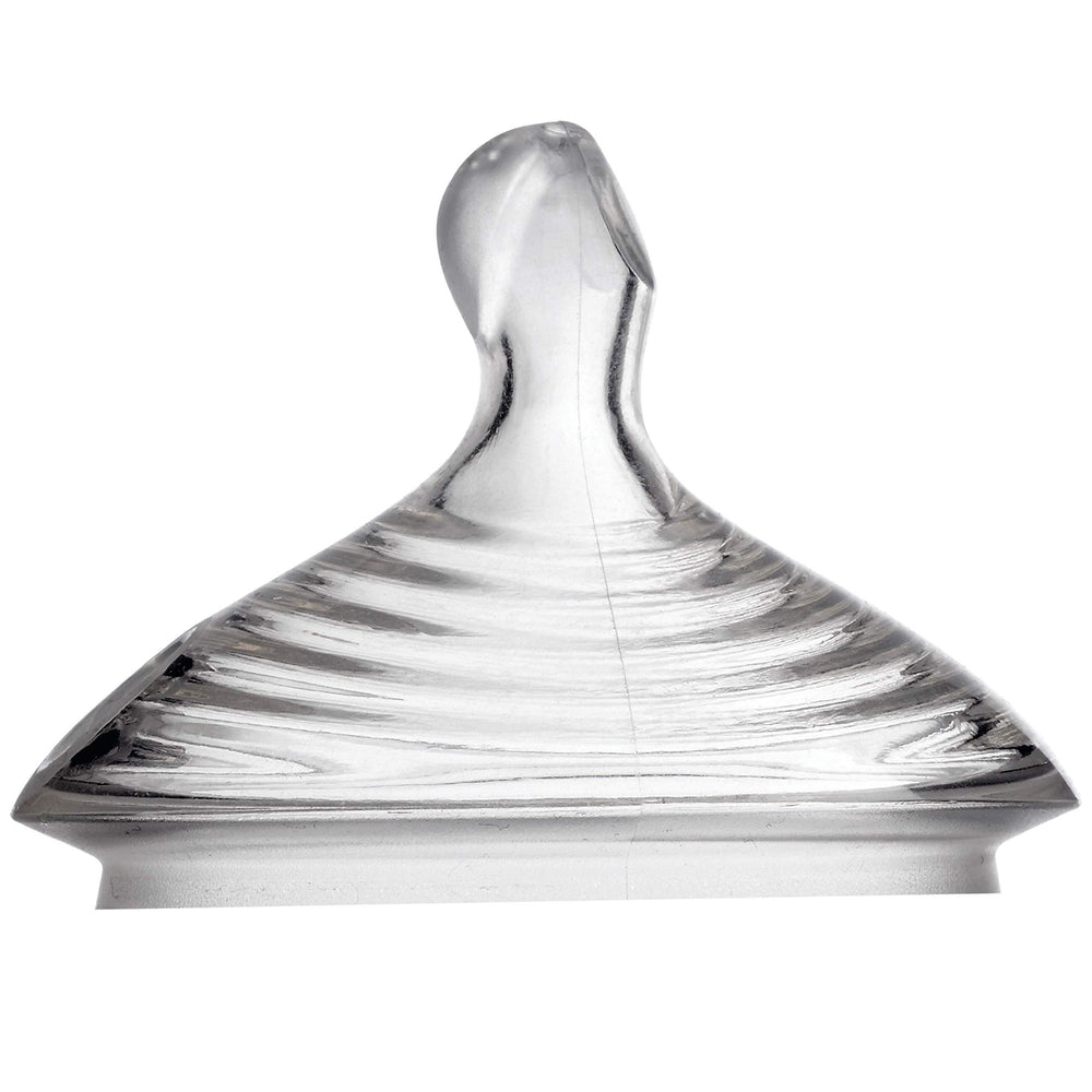 NUK Simply Natural nipple holes showcase flow options for different feeding speeds.