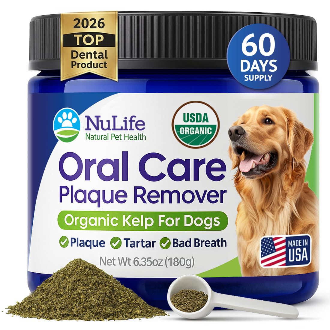 NuLife dog teeth powder packaging showing organic sea kelp for dental care