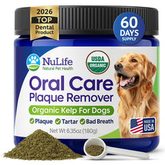 NuLife dog teeth powder packaging showing organic sea kelp for dental care