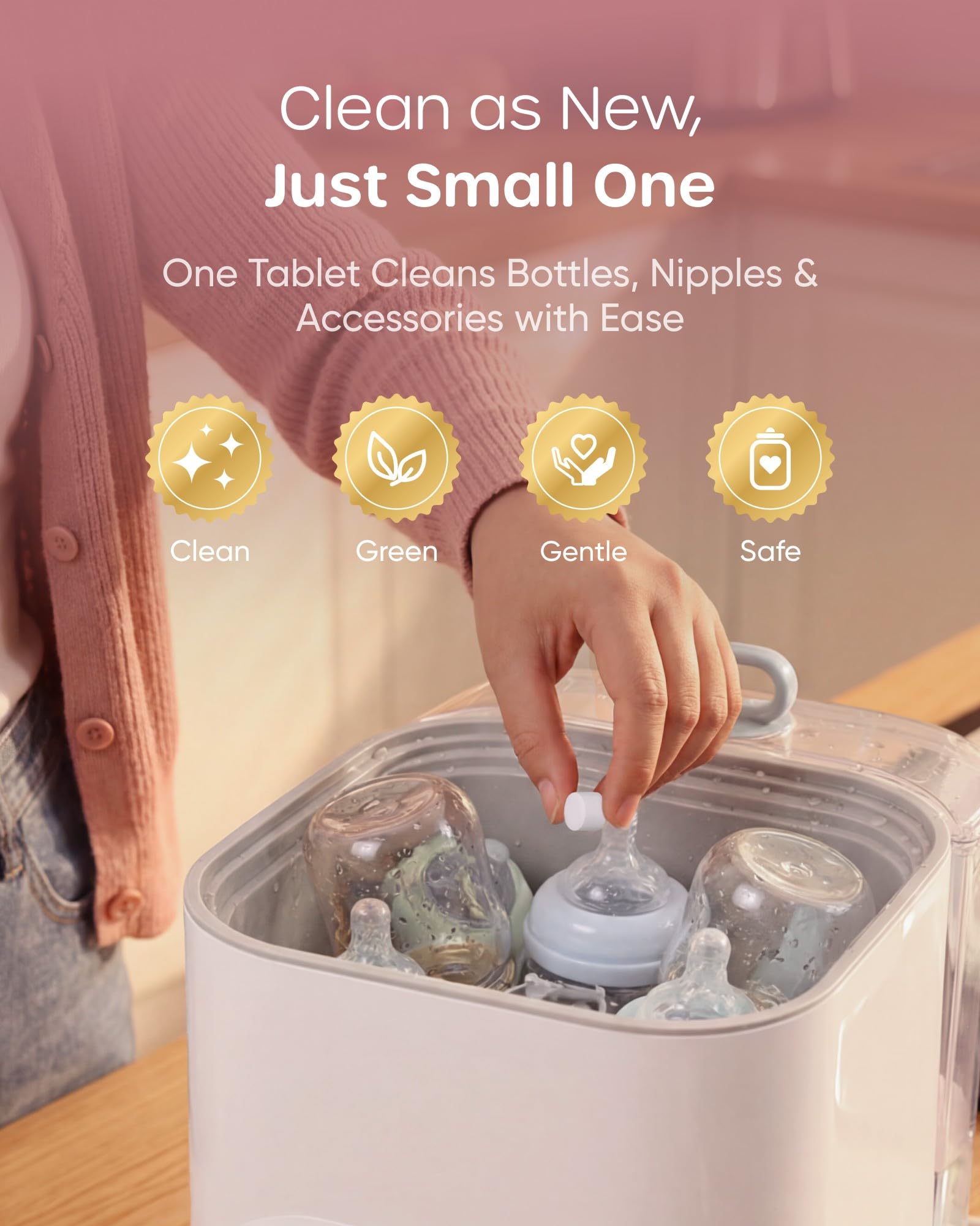 Nuliie tablets dissolving in water beside a bottle washer for deep cleaning.